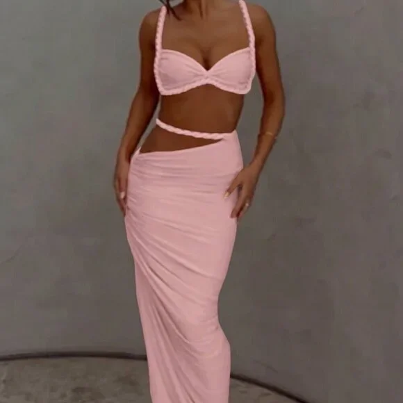 Pink Women's Sexy cropped top & Hip Hugging maxi Skirt Set