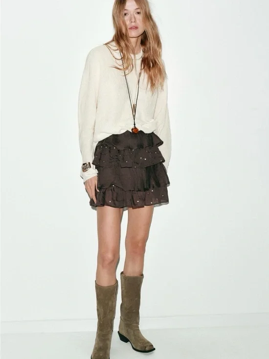 BNWT Zara Brown Ruffle Sequin Mini Skirt