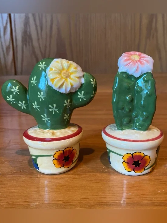 Ceramic Cactus Salt And Pepper Shakers Hand Painted 4” Tall