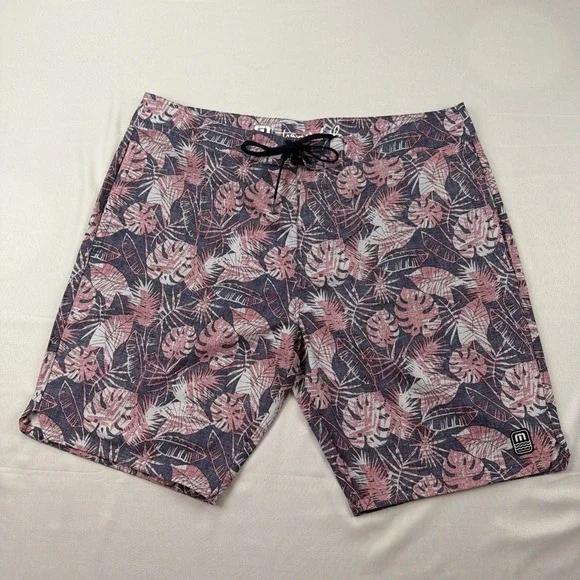 Travis Mathew Shorts Mens 38 Gray Pink Palm Leaf Boardshorts‎ Swim Trunks