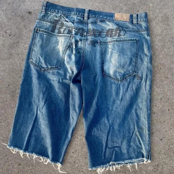 Vintage Y2K Rocawear Baggy Graphic Jorts Cutoff Denim Shorts Size 40 Wide Leg