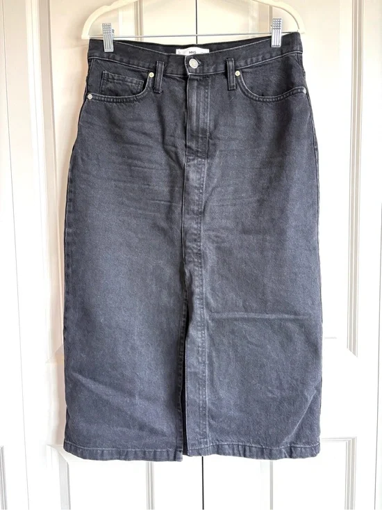 MNG Mango Black Denim Midi Skirt Front Slit Collegiate Academia Size Medium