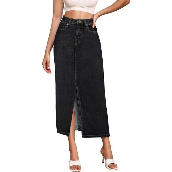Women's Black Denim Skirt Stretch Jean Long Casual Office Wear