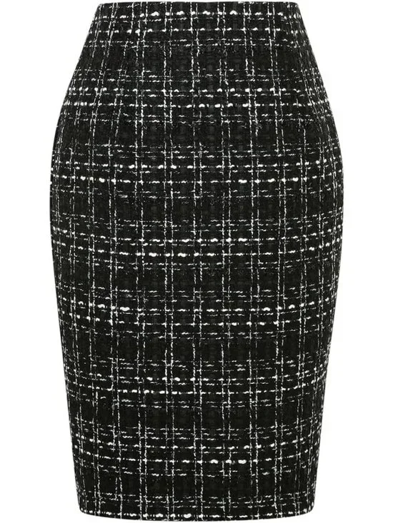 Knee-Length Plaid Wool Skirt for Women - Fall Winter Pencil Style with Slit
