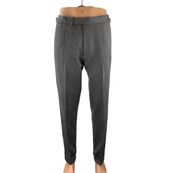 Ethomas 100% Wool Men's Gray High Rise Straight Chino Trousers Dress Pants Sz 36