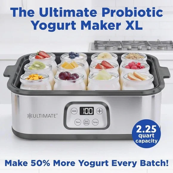 Ultimate Probiotic Yogurt‎ Maker XL Adjustable Temperature & Time 12 Glass Jars