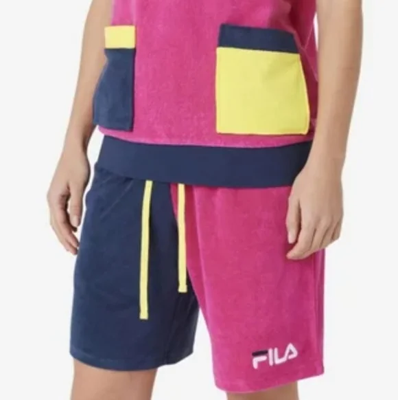 XL NWT FILA Analu Terry Polo & Kalili Shorts Towel Cloth Pink Blue Yellow