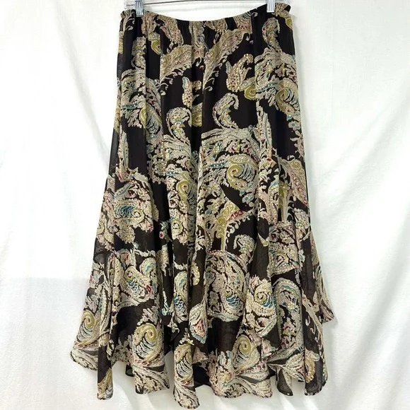 SOFT SURROUNDINGS Brown Paisley Handkerchief Hem Peasant‎ Midi Skirt M Bohemian