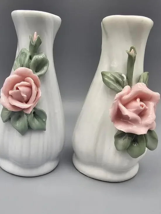 Ceramic Pink Rose Salt and Pepper Shakers Set of 2