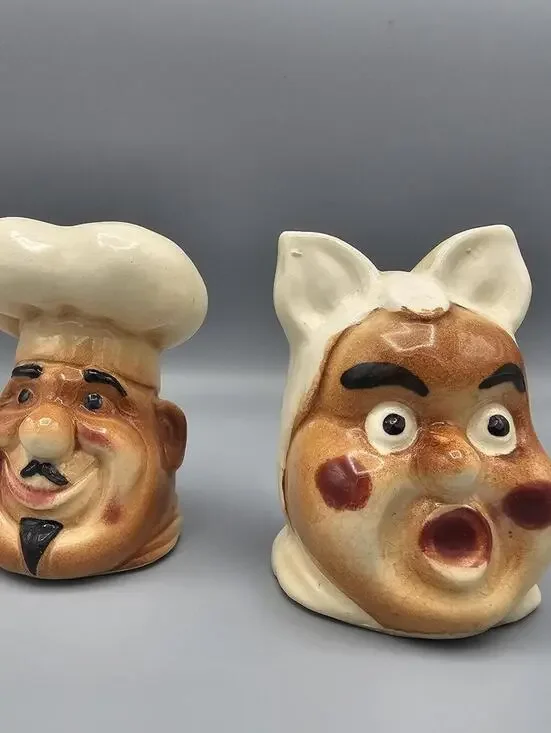 Vintage Japan Ceramic Chef Face Salt and Pepper Shaker Set of 2