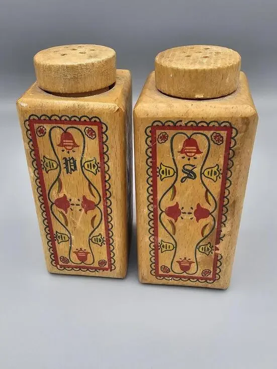 Vintage Wooden Salt and Pepper Shaker Set with Folk Art Design