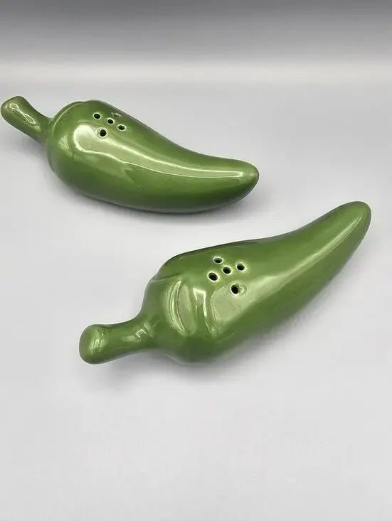 Pair of Green Ceramic Jalapeño Pepper Salt and Pepper Shakers