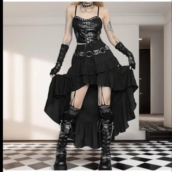 Gothic Tiered Maxi Skirt Asymmetrical High Waist Y2K Punk Grunge