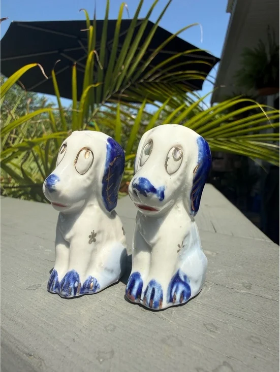 Vintage Blue White Spaniel Dog Salt Pepper Shakers Japan