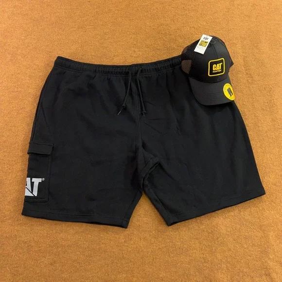 CAT Mens 2XL Black Cargo Sweat Shorts and Trucker Hat Set