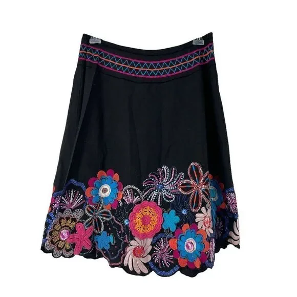 Bohemian Crochet Beaded Embroidered A Line Skirt Size 10 Vanity Collection Black