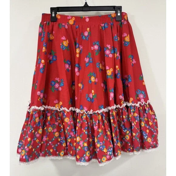 Malco Modes Ruffle Skirt Red Floral Med USA Boho Prairie Cottagecore Festival