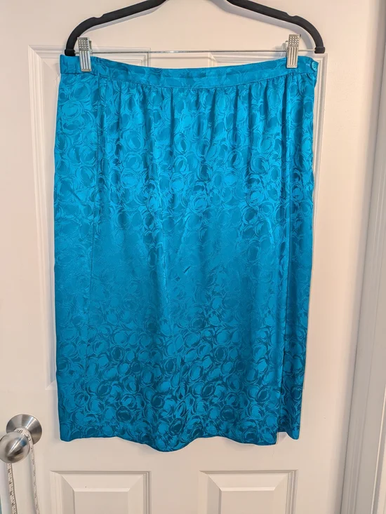 Vintage Turquoise Blue Floral Jacquard Silk Midi Skirt