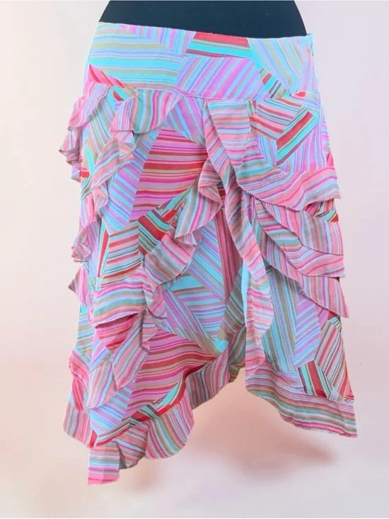 Striped Pink Turquoise Ruffle Asymmetrical Midi Skirt very flattering.