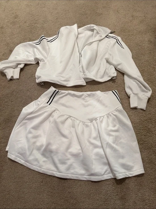 White Women's Zip Cropped Jacket and Skirt Set