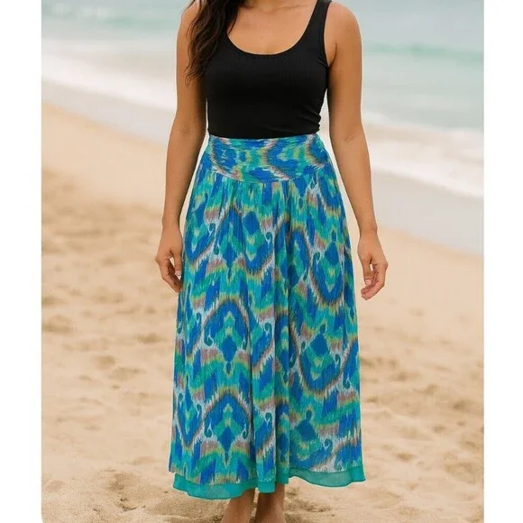 Aerie lightweight multicolor maxi elastic waist skirt in teal & pink SM