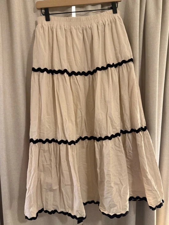 In February Cream Tiered Maxi Skirt with Black Trim L