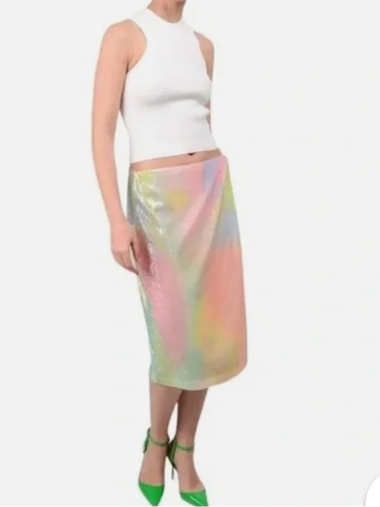 NWOT STINE GOYA Arwen Rainbow Multicolor Sequined Midi Wrap Skirt S
