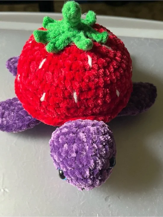 Plush Strawberry Turtle Toy - Purple & Red 6.5” Chenille yarn. New