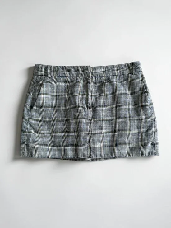 TIBI Gray Blue Plaid Wool Silk Blend Mini Skirt Size 6