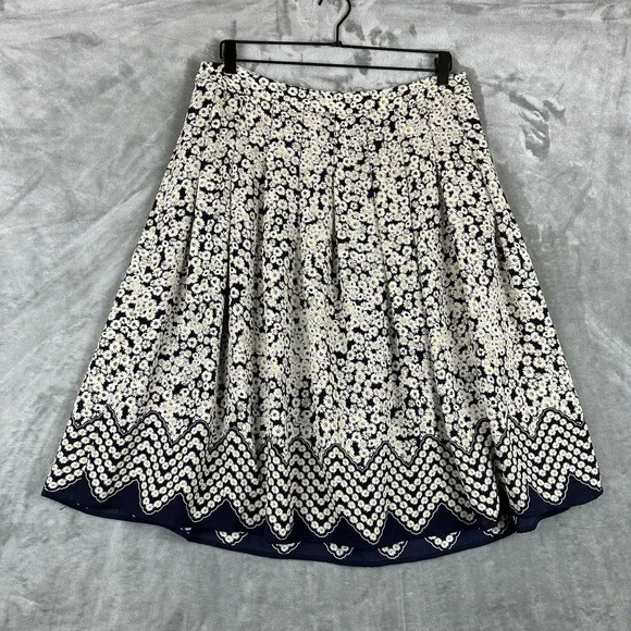 Talbots Pleated Skirt Women's 10 Blue w/ White Yellow Daisy Print A-Line Lined