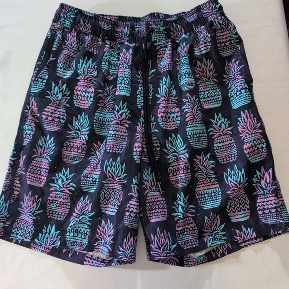Goodfellow Mens Small Swim Trunk Shorts Blue Pineapple Mesh Lined Board Shorts