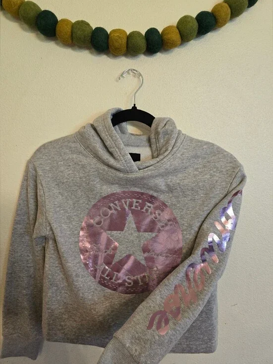 Converse Cropped Foil Hoodie Girls Size M Gray Pink Graphic Pullover 10-12 yrs