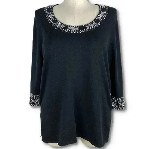 New Bob Mackie womens wearable art knit sweater size XL black beaded