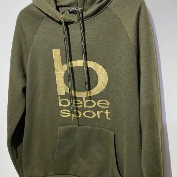 Bebe Sport Women's Green Gold Graphic Logo‎ Pullover Hoodie Size Medium