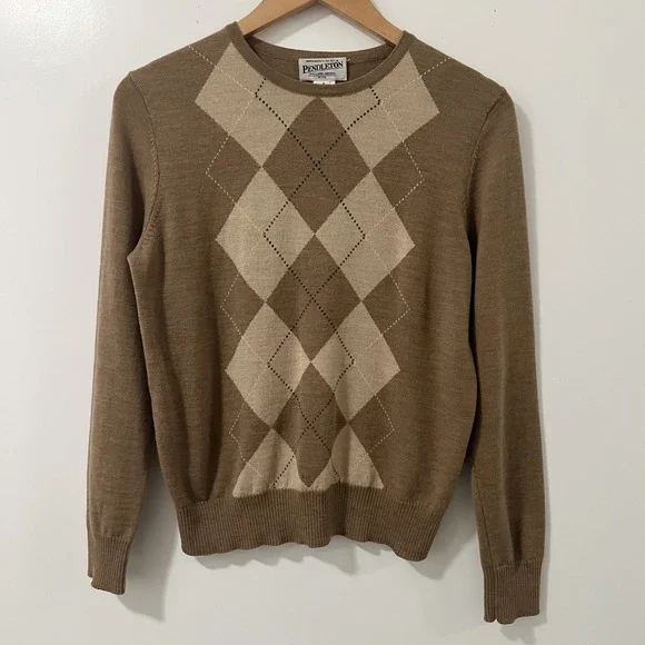 Pendleton Womens Petite S‎ Argyle Merino Wool Sweater Brown Tan Crew Neck 2198
