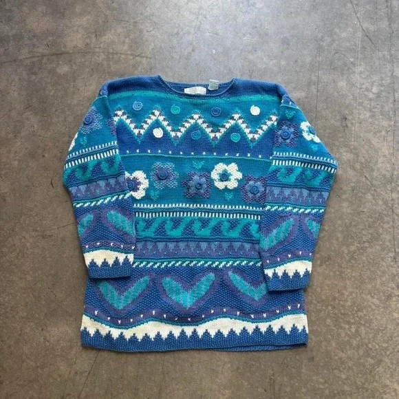 Segrets‎ Sun Prints Hand Knit Floral Sweater Size Medium