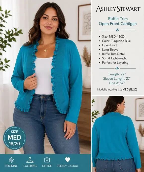 Ashley Stewart Turquoise Blue Sweater Cardigan 18/20 Ruffle Trim Open Front EUC
