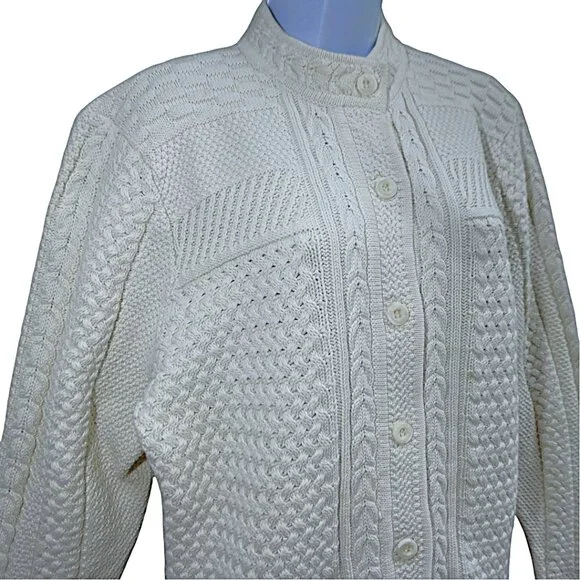 Vintage LL Bean Ivory 3D Cable Knit Cardigan Mock Neck Fisherman Cotton Plus 2x