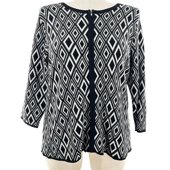 Coldwater Creek sweater 1X 18 black white diamond 50% merino wool cardigan