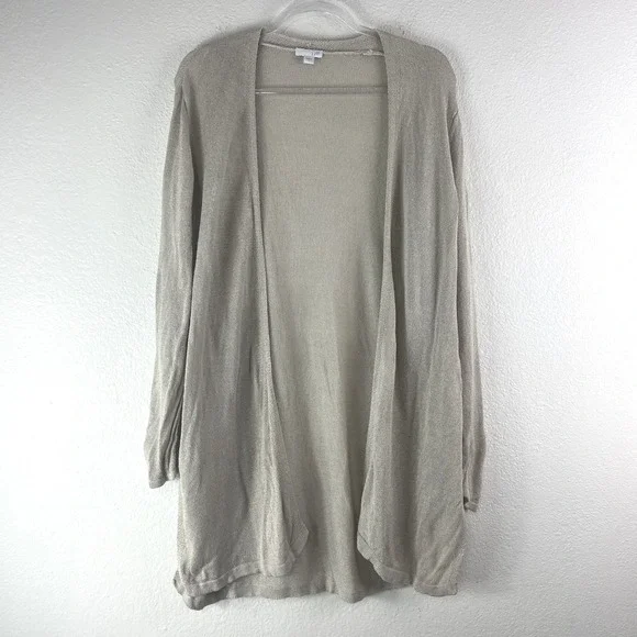 J. Jill Cardigan Large Beige Linen Blend Open Front‎ Longline Side Slit Sweater