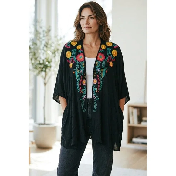 Umgee Embroidered Kimono Cardigan Black Floral‎ Boho Wrap S/M