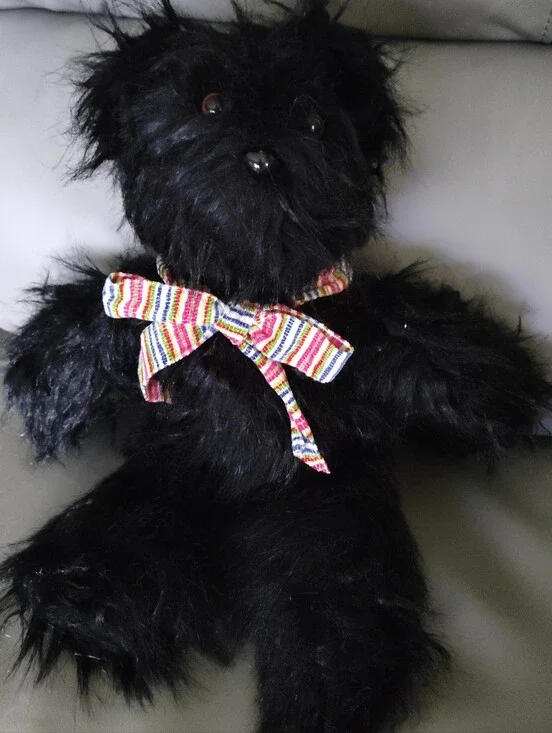 Black Plush Teddy Bear with Striped Bow -handsewn