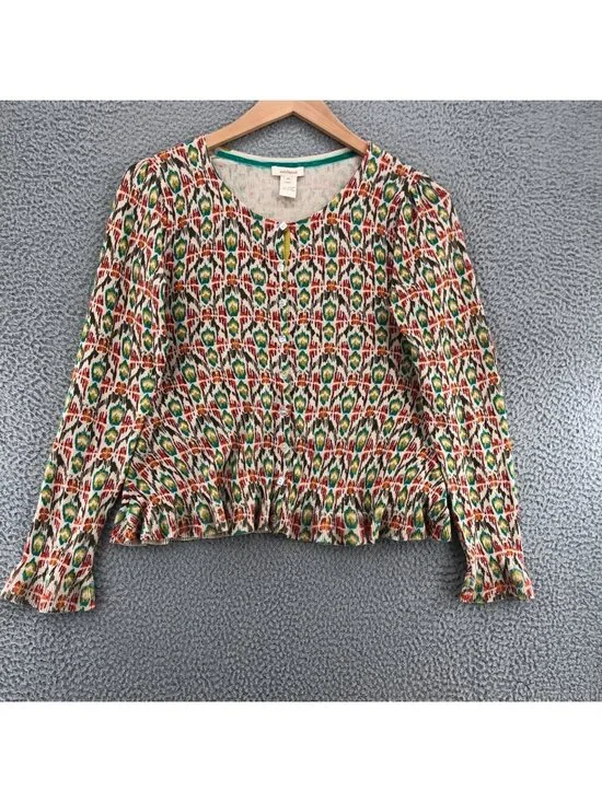 Sundance Sweater Womens Medium Ivory Multi Button Cardigan Ruffle Knit Stretch
