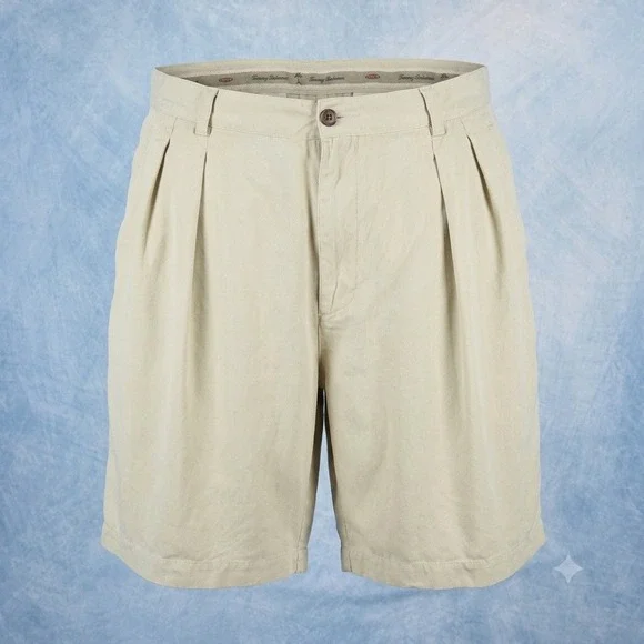 Tommy Bahama Relax Mens 36 Silk Pleated Shorts Beige Khaki Tropical Palm Tree