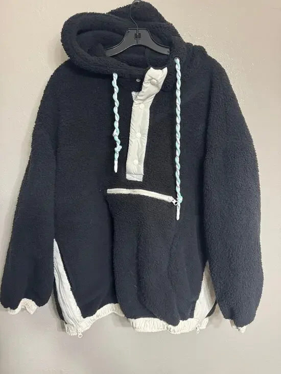 Altar’d State Womens M Black Sherpa Fleece Pullover Hoodie White Snap Anorak