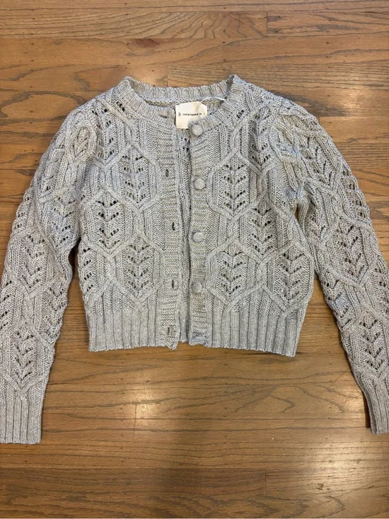 Wool-Blend Light Gray Sparkly Knit Button-Front Cardigan Sweater