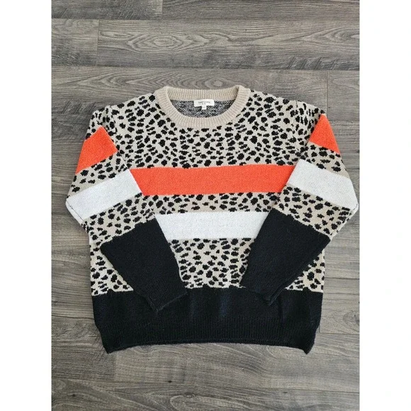 Women's 1X2X Leopard Color Block Crew Neck‎ Pullover Sweater Fall Cozycore Comfy