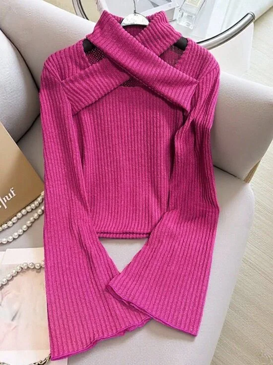 Hot Pink Casual Women's Long Sleeve Ribbed Knit Top