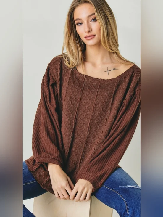 Davi & Dani Women’s Large Brown Textured Knit Top Balloon Sleeve Boho Pullover