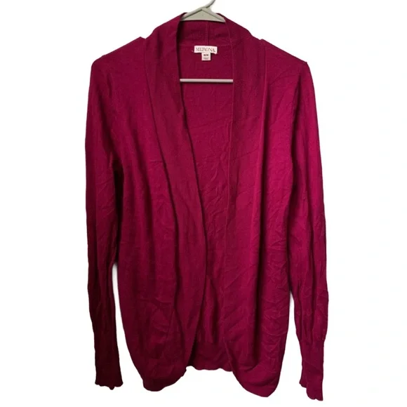 MERONA Women’s Burgundy Pink Red Open Front Long Sleeve Nylon Rayon Cardigan